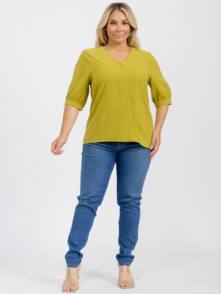 PLUS SIZE SHORT SLEEVE V-NECK BUTTONS DETAILED HIGH-LOW BLOUSE