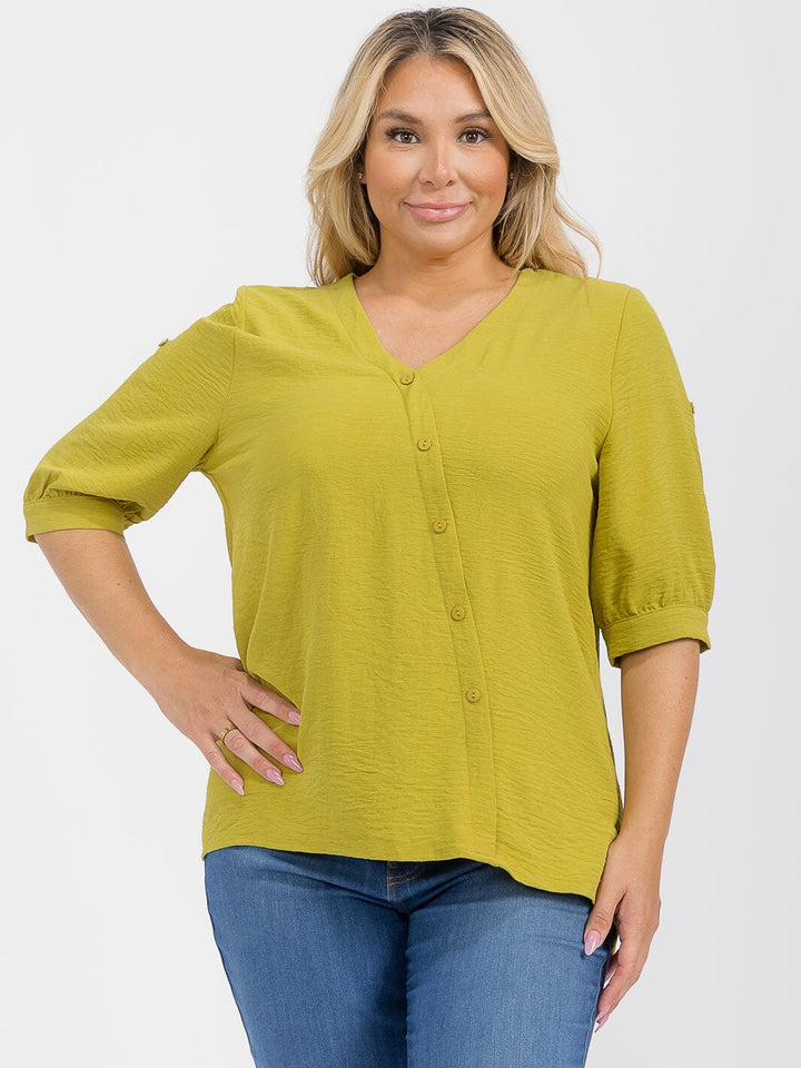 PLUS SIZE SHORT SLEEVE V-NECK BUTTONS DETAILED HIGH-LOW BLOUSE