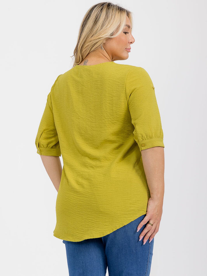 PLUS SIZE SHORT SLEEVE V-NECK BUTTONS DETAILED HIGH-LOW BLOUSE