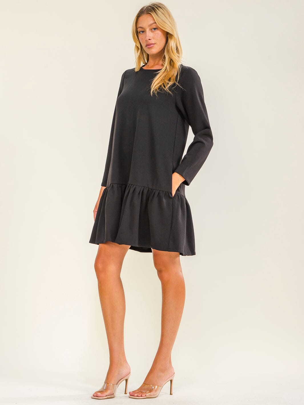 WOMEN'S 3/4 SLEEVE FRONT POCKETS TUNIC LOOSE FIT MINI DRESS