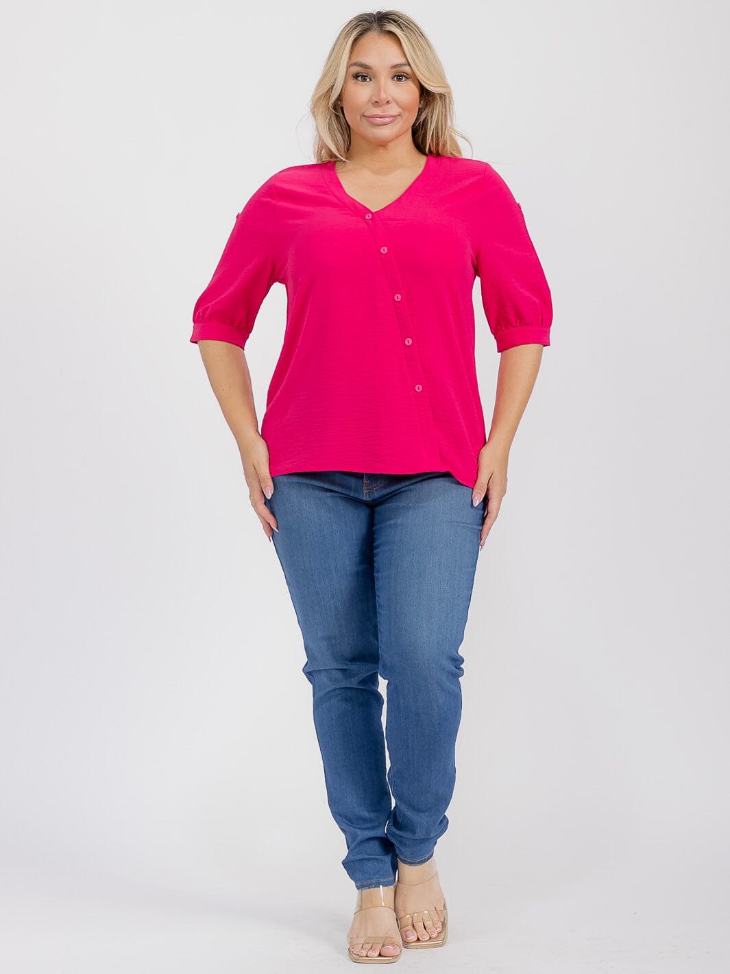 PLUS SIZE SHORT SLEEVE V-NECK BUTTONS DETAILED HIGH-LOW BLOUSE