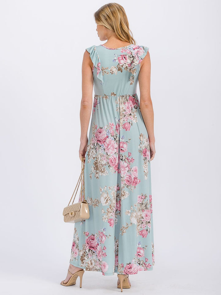 WOMEN'S SLEEVELESS RUFFLE DETAILED ELASTIC WAIST FLORAL MAXI DRESS