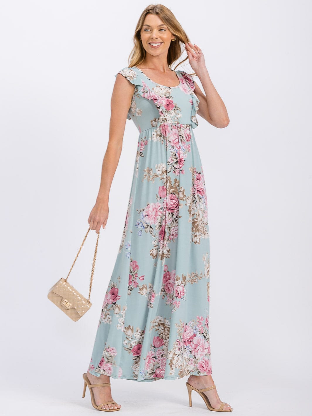 WOMEN'S SLEEVELESS RUFFLE DETAILED ELASTIC WAIST FLORAL MAXI DRESS