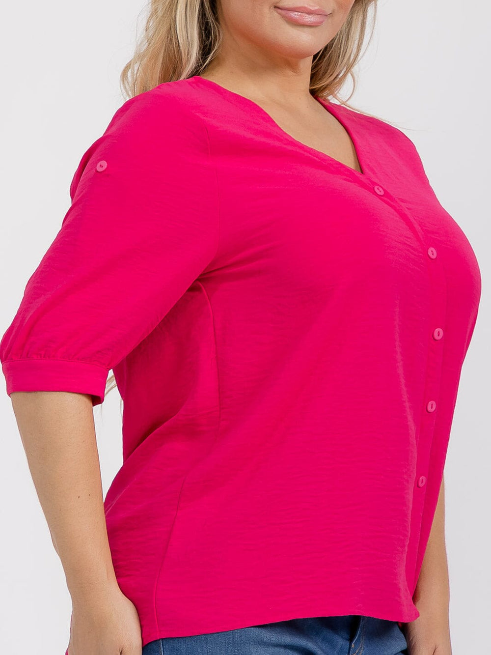 PLUS SIZE SHORT SLEEVE V-NECK BUTTONS DETAILED HIGH-LOW BLOUSE