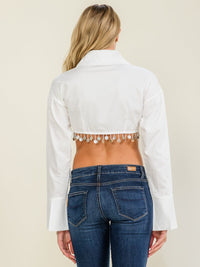 WOMEN'S LONG SLEEVE BUTTON UP FRINGE CROP TOP