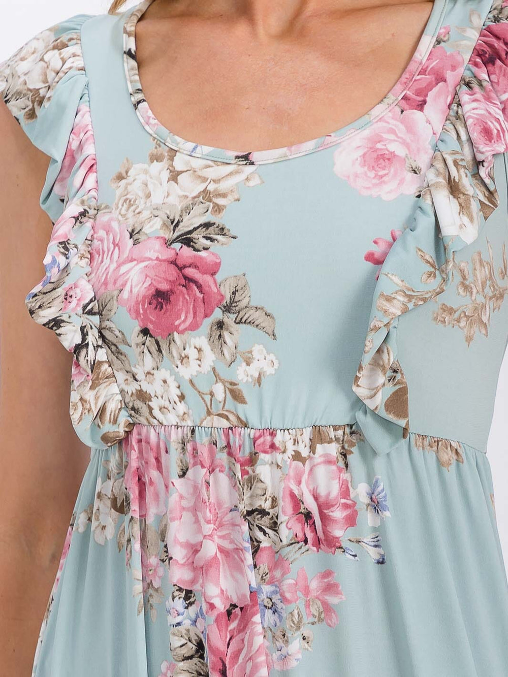 WOMEN'S SLEEVELESS RUFFLE DETAILED ELASTIC WAIST FLORAL MAXI DRESS