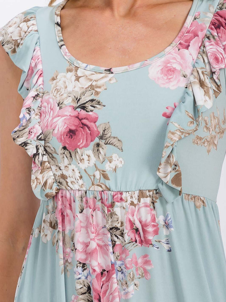 WOMEN'S SLEEVELESS RUFFLE DETAILED ELASTIC WAIST FLORAL MAXI DRESS