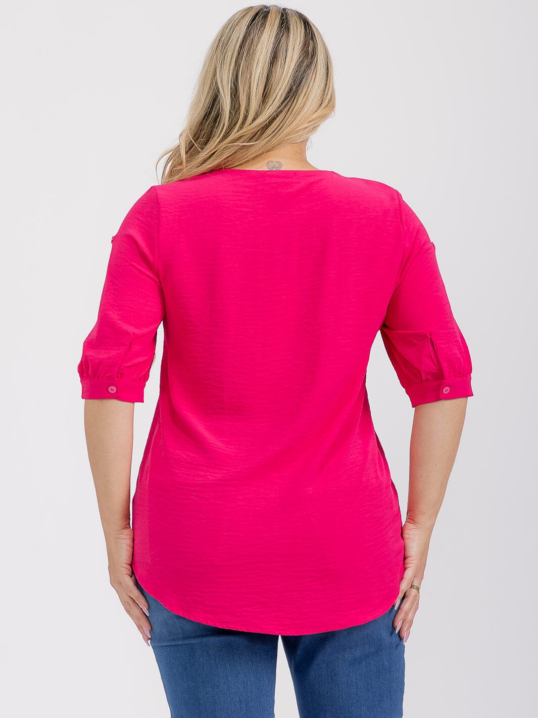 PLUS SIZE SHORT SLEEVE V-NECK BUTTONS DETAILED HIGH-LOW BLOUSE