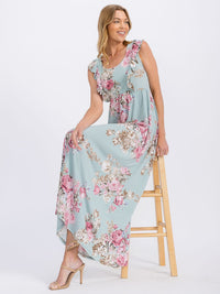 WOMEN'S SLEEVELESS RUFFLE DETAILED ELASTIC WAIST FLORAL MAXI DRESS