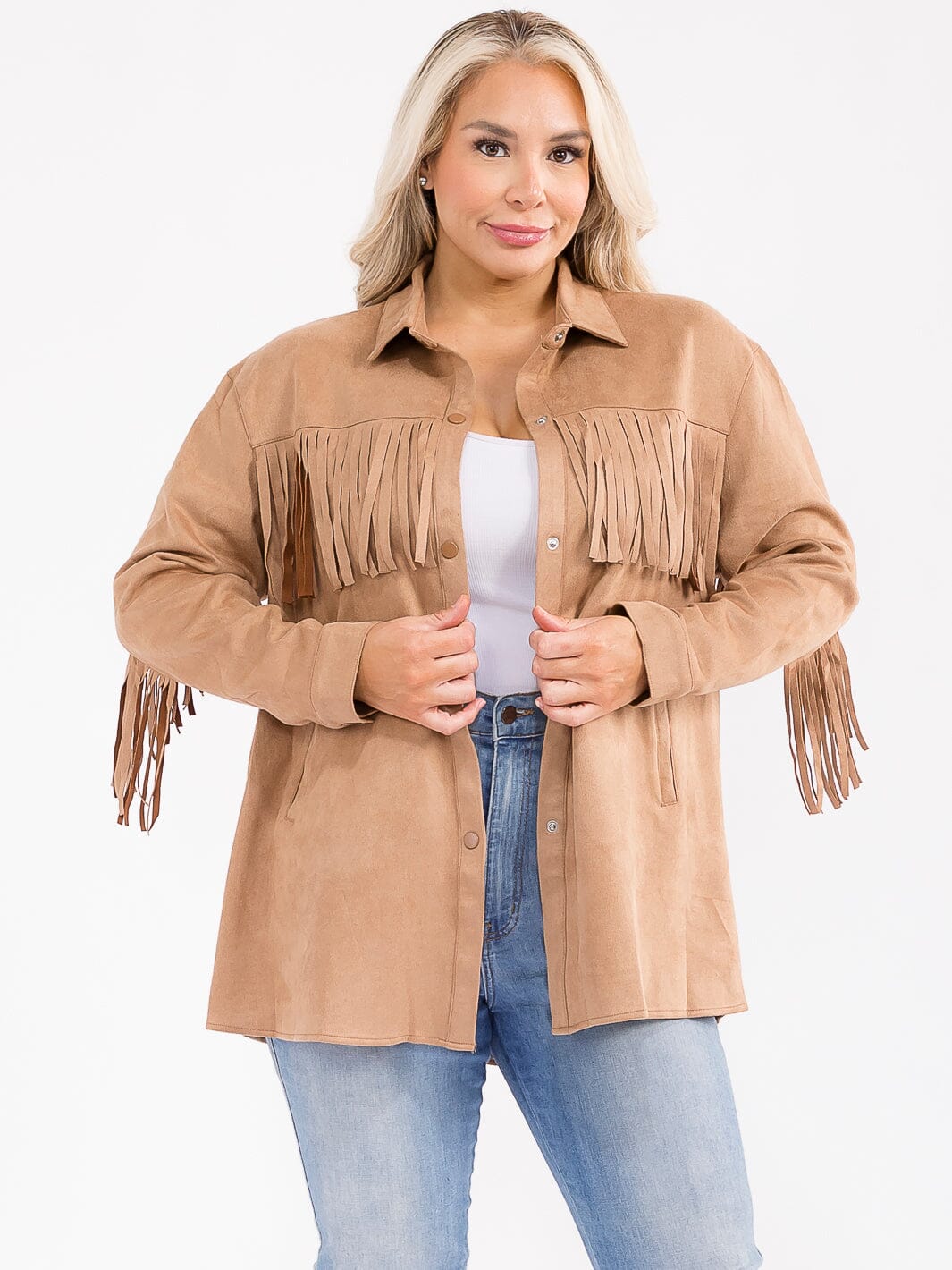 PLUS SIZE LONG SLEEVE BUTTON UP FRONT POCKETS FRINGE DETAILED JACKET