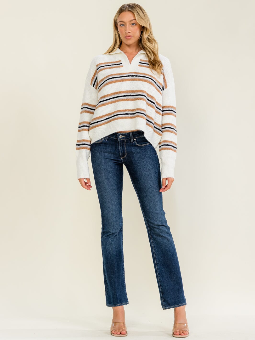 WOMEN'S LONG SLEEVE V-NECK STRIPES COLORBLOCK PULLOVER SWEATER