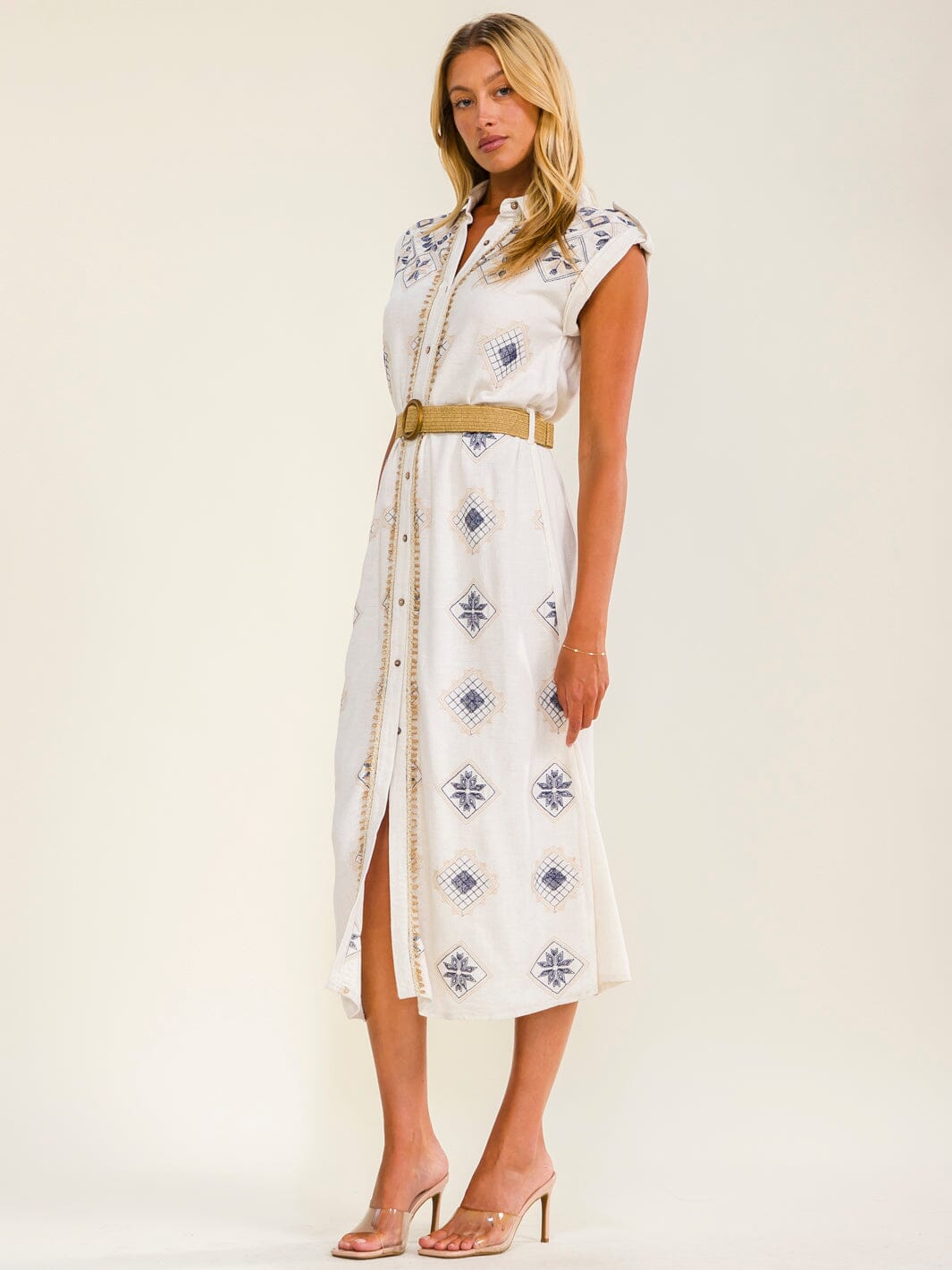 WOMEN'S SHORT SLEEVES BUTTON UP BELTED STITCHED DETAILED LINEN MIDI DRESS