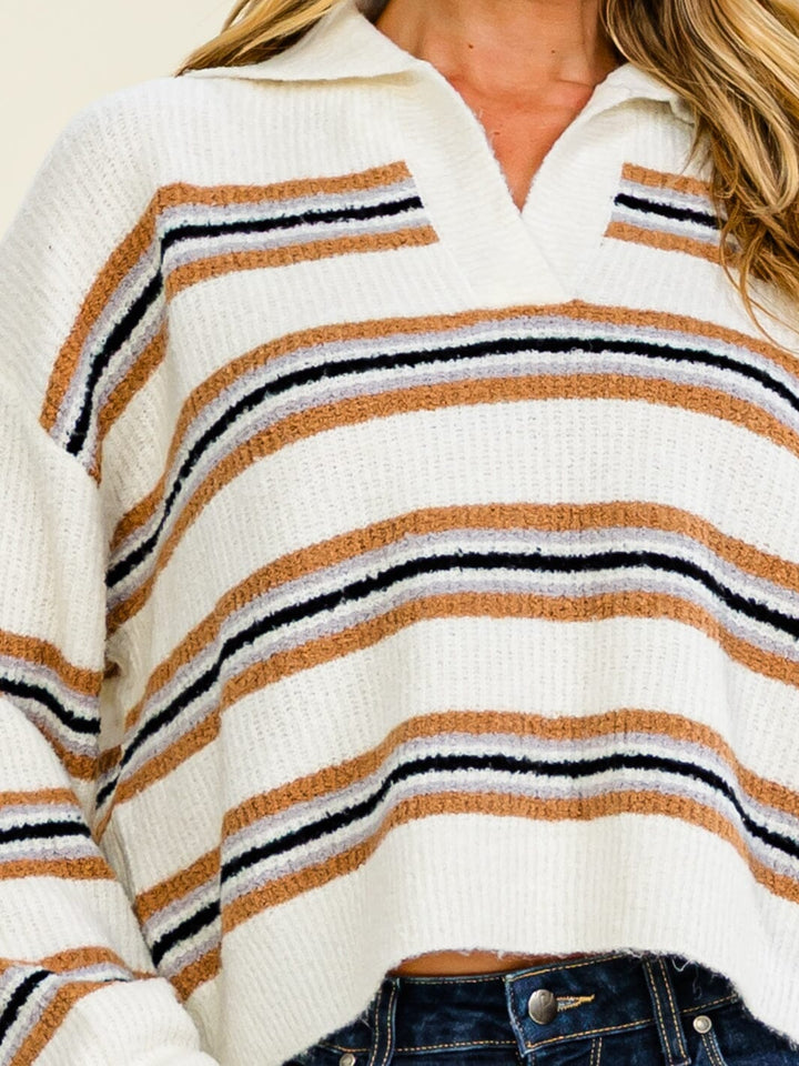 WOMEN'S LONG SLEEVE V-NECK STRIPES COLORBLOCK PULLOVER SWEATER