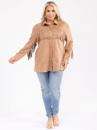 PLUS SIZE LONG SLEEVE BUTTON UP FRONT POCKETS FRINGE DETAILED JACKET