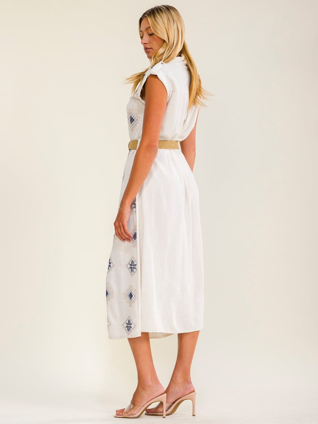 WOMEN'S SHORT SLEEVES BUTTON UP BELTED STITCHED DETAILED LINEN MIDI DRESS