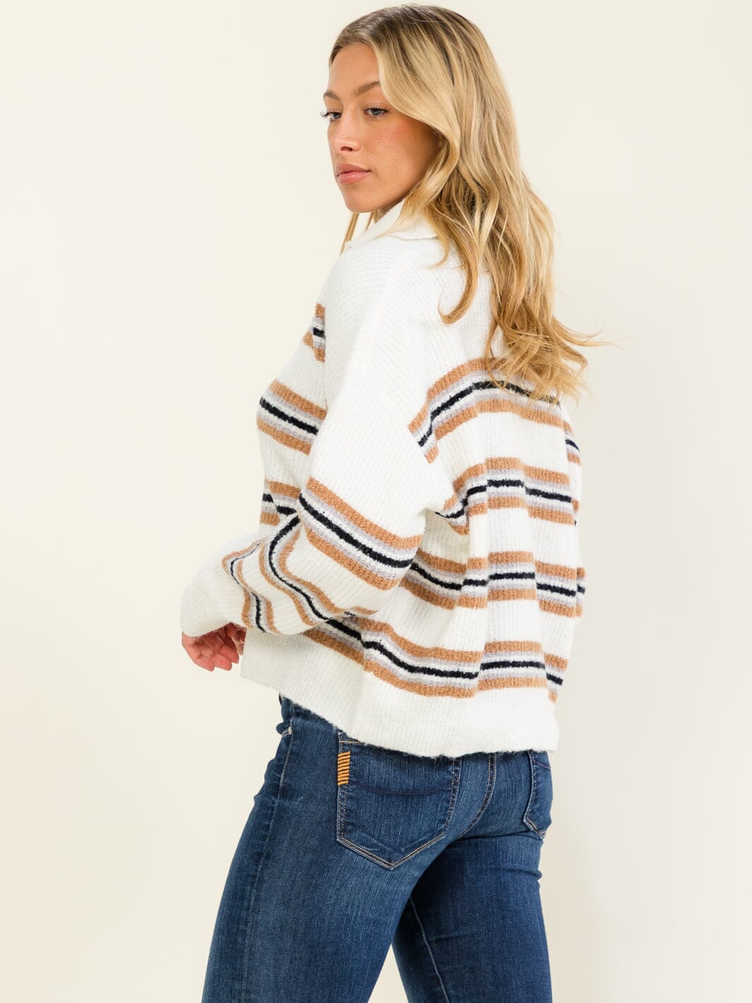 WOMEN'S LONG SLEEVE V-NECK STRIPES COLORBLOCK PULLOVER SWEATER