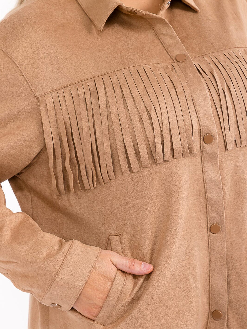 PLUS SIZE LONG SLEEVE BUTTON UP FRONT POCKETS FRINGE DETAILED JACKET