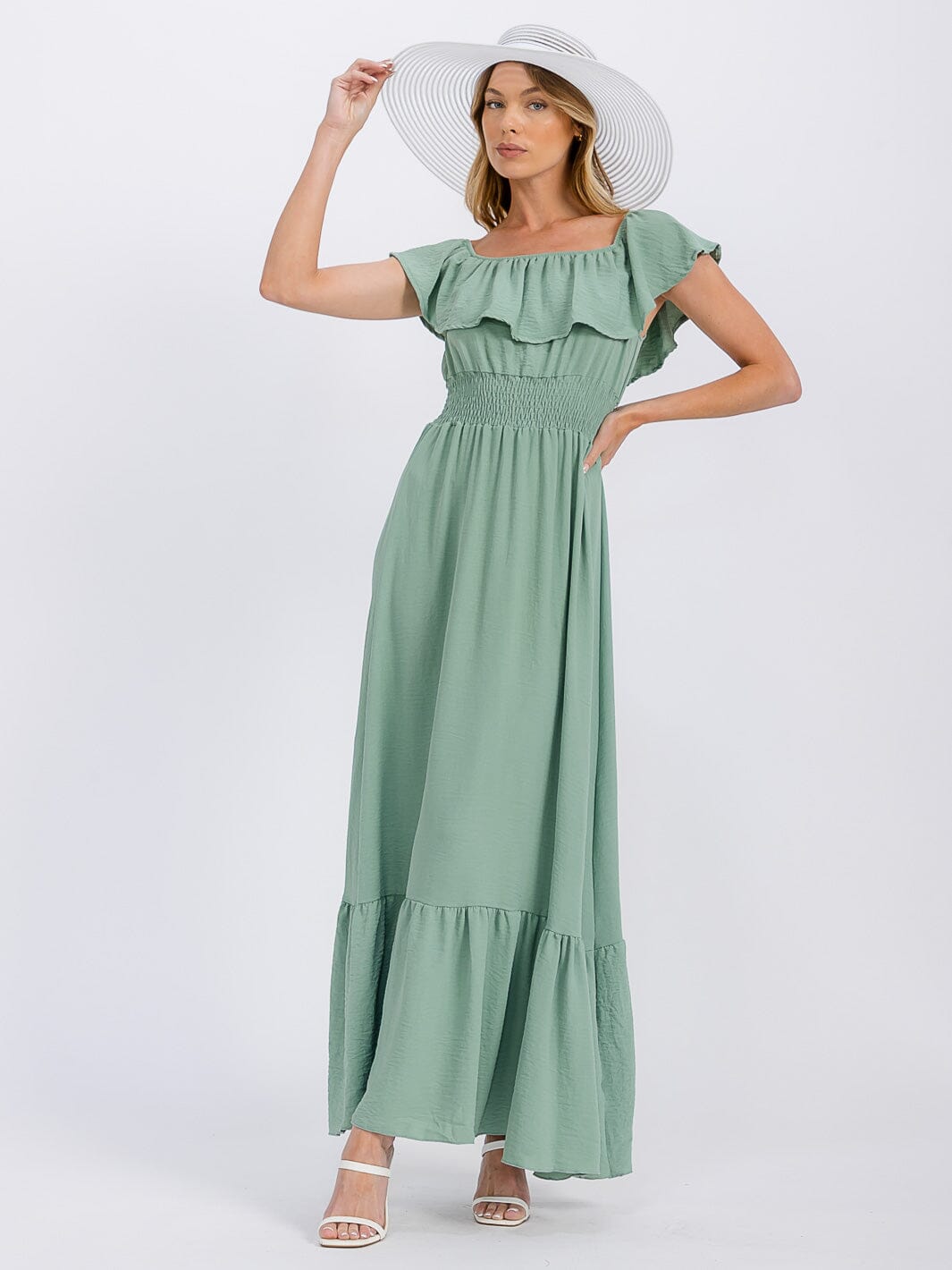 WOMEN'S SHORT SLEEVE ELASTIC WAIST FRONT POCKETS MAXI DRESS (Copy)