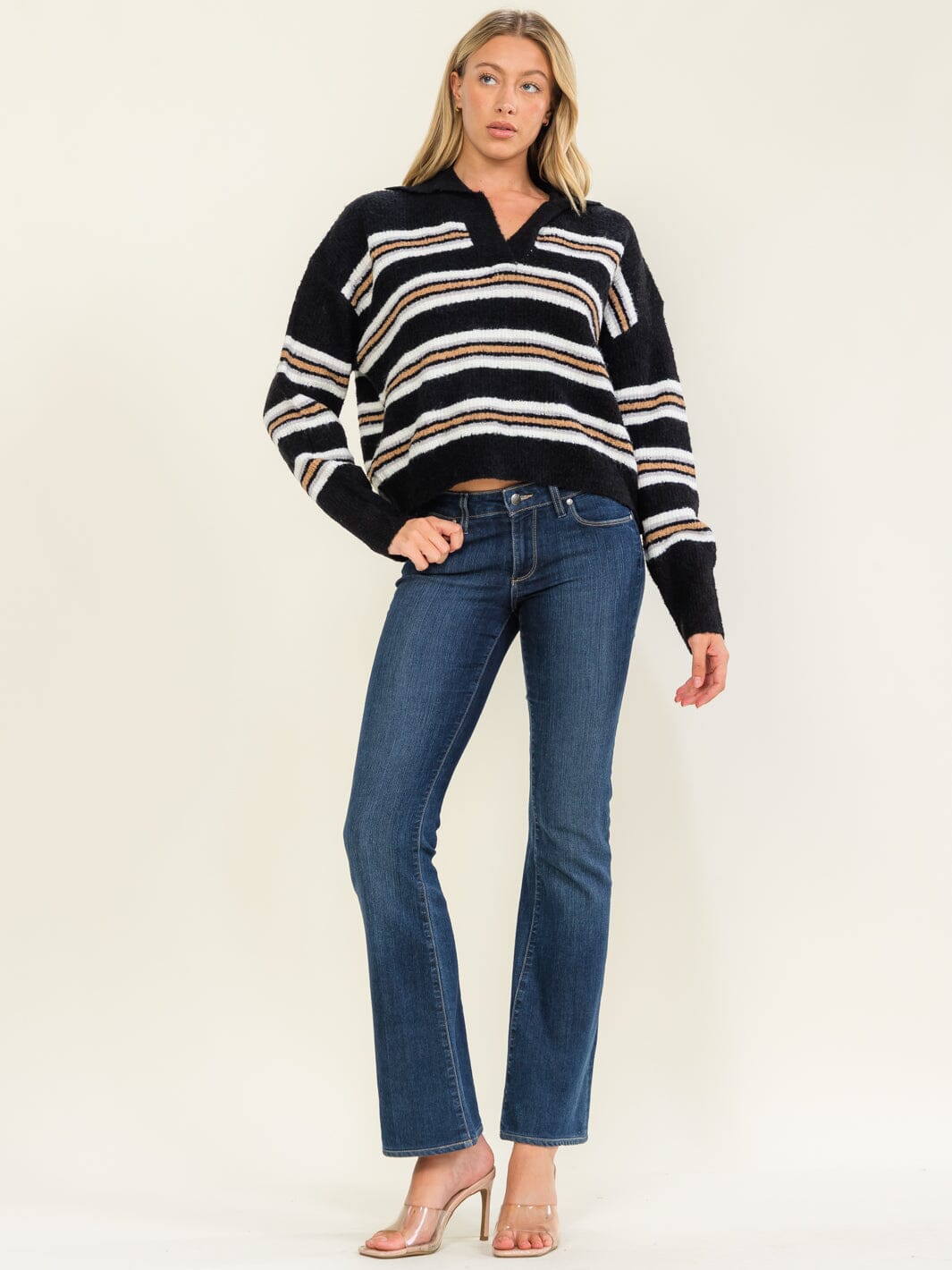 WOMEN'S LONG SLEEVE V-NECK STRIPES COLORBLOCK PULLOVER SWEATER