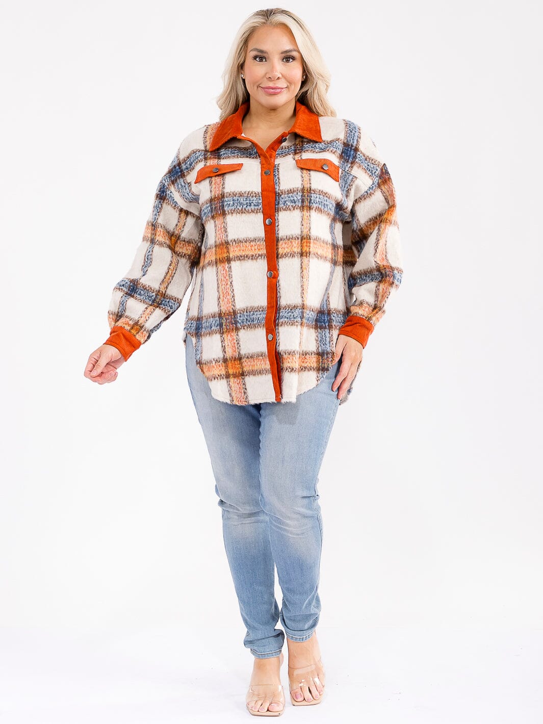 PLUS SIZE LONG SLEEVE BUTTON UP PLAID JACKET