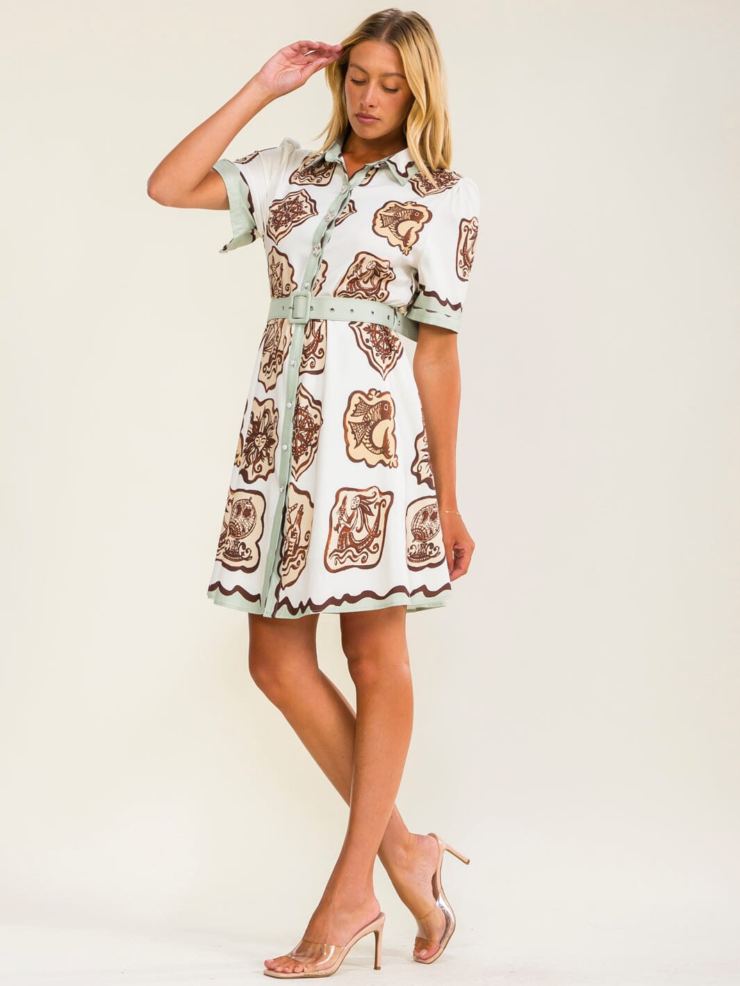 WOMEN'S SHORT SLEEVES BUTTON UP BELTED MULTI PRINT MINI DRESS