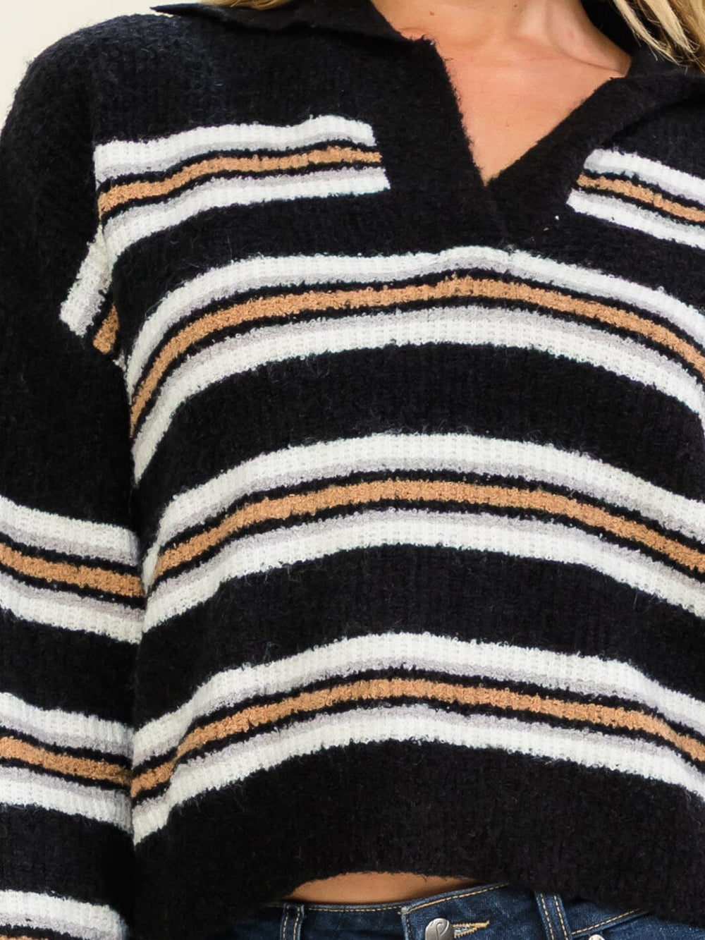 WOMEN'S LONG SLEEVE V-NECK STRIPES COLORBLOCK PULLOVER SWEATER