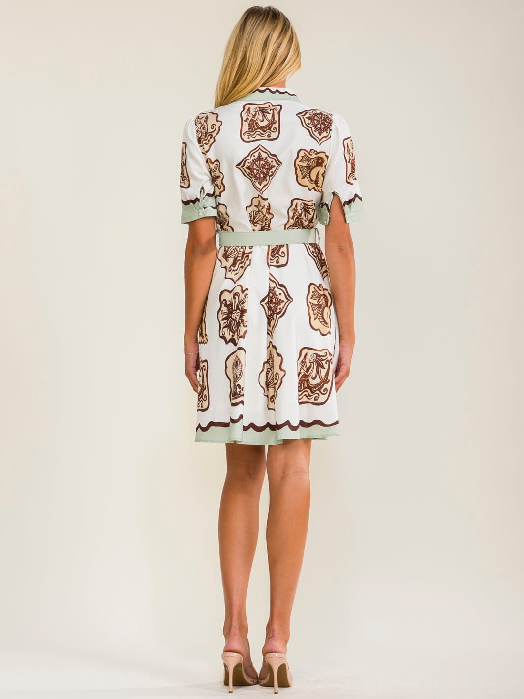 WOMEN'S SHORT SLEEVES BUTTON UP BELTED MULTI PRINT MINI DRESS