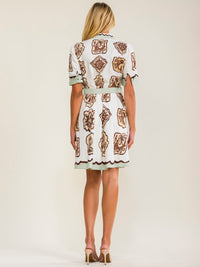 WOMEN'S SHORT SLEEVES BUTTON UP BELTED MULTI PRINT MINI DRESS