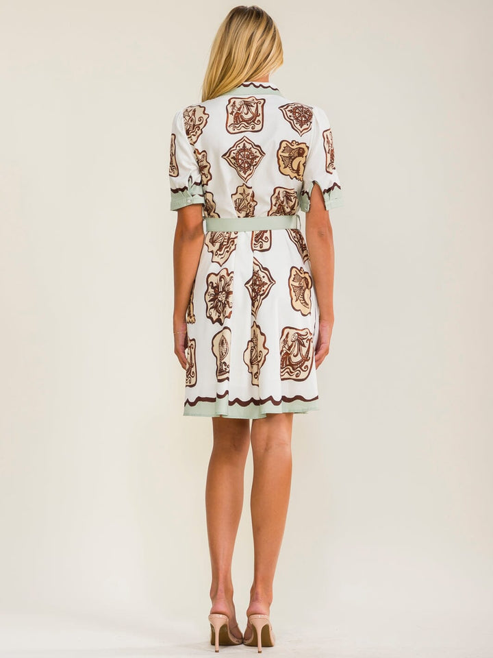 WOMEN'S SHORT SLEEVES BUTTON UP BELTED MULTI PRINT MINI DRESS
