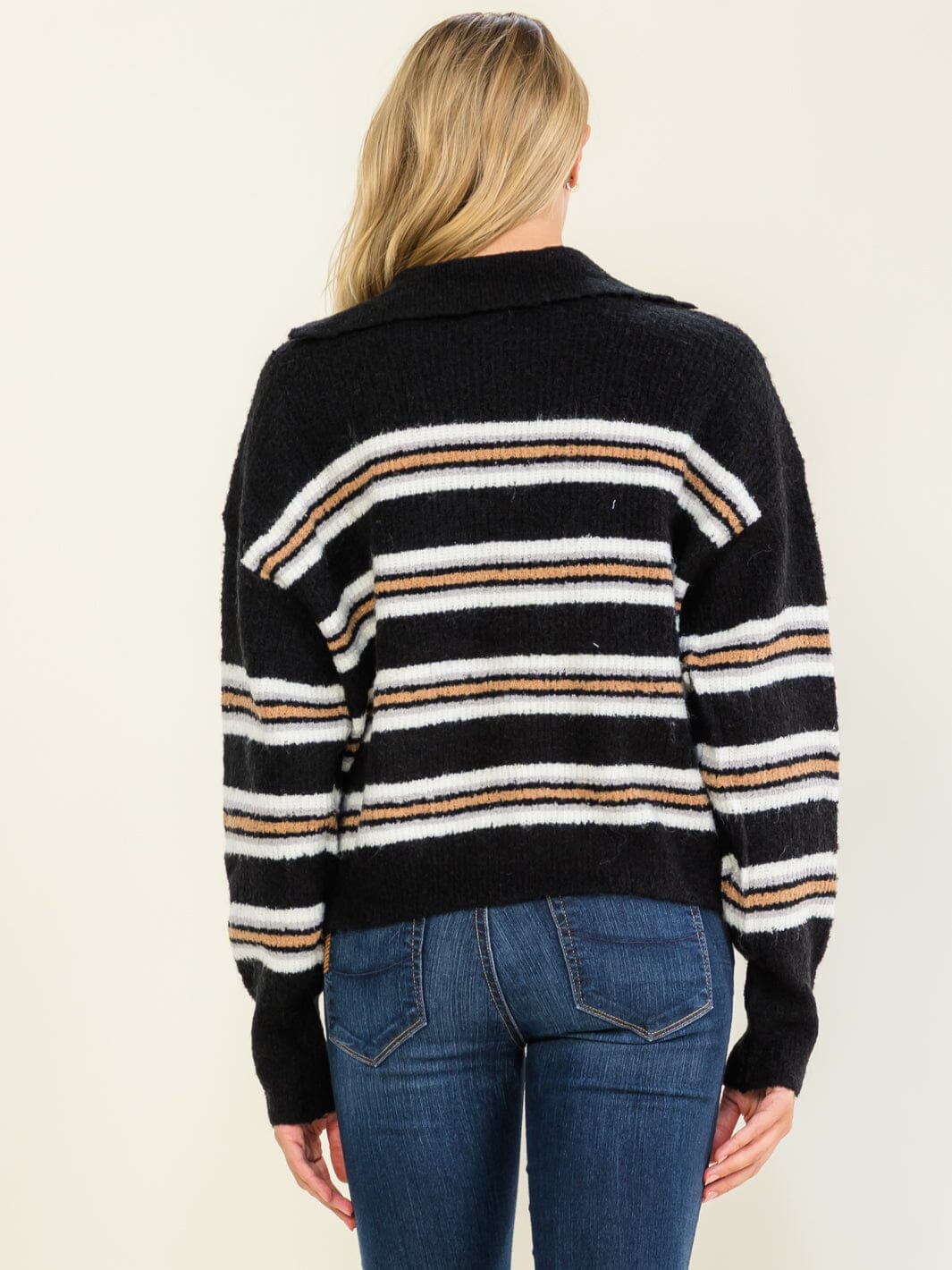 WOMEN'S LONG SLEEVE V-NECK STRIPES COLORBLOCK PULLOVER SWEATER