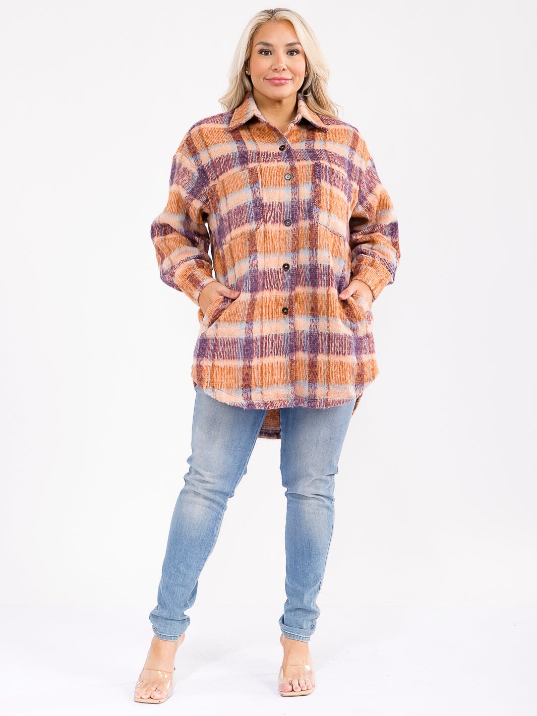PLUS SIZE LONG SLEEVE BUTTON UP FRONT POCKETS PLAID JACKET