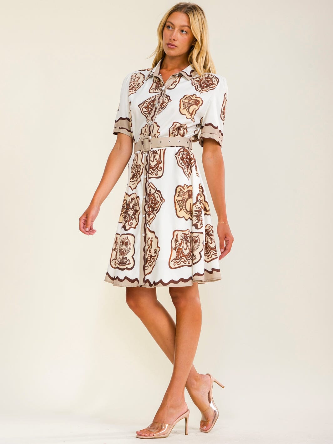 WOMEN'S SHORT SLEEVES BUTTON UP BELTED MULTI PRINT MINI DRESS