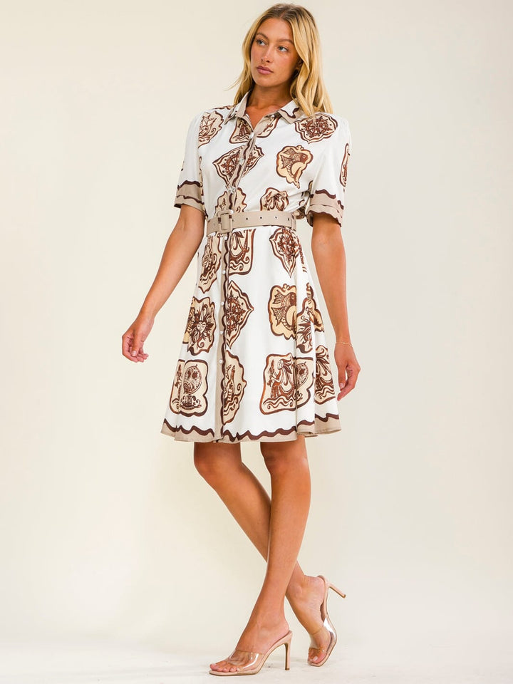 WOMEN'S SHORT SLEEVES BUTTON UP BELTED MULTI PRINT MINI DRESS