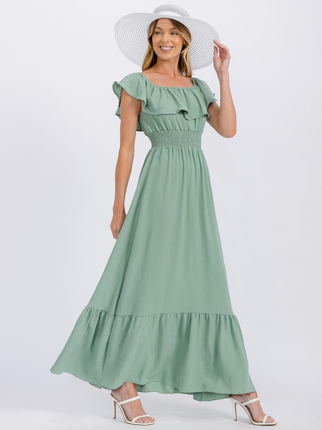 WOMEN'S SHORT SLEEVE ELASTIC WAIST FRONT POCKETS MAXI DRESS (Copy)