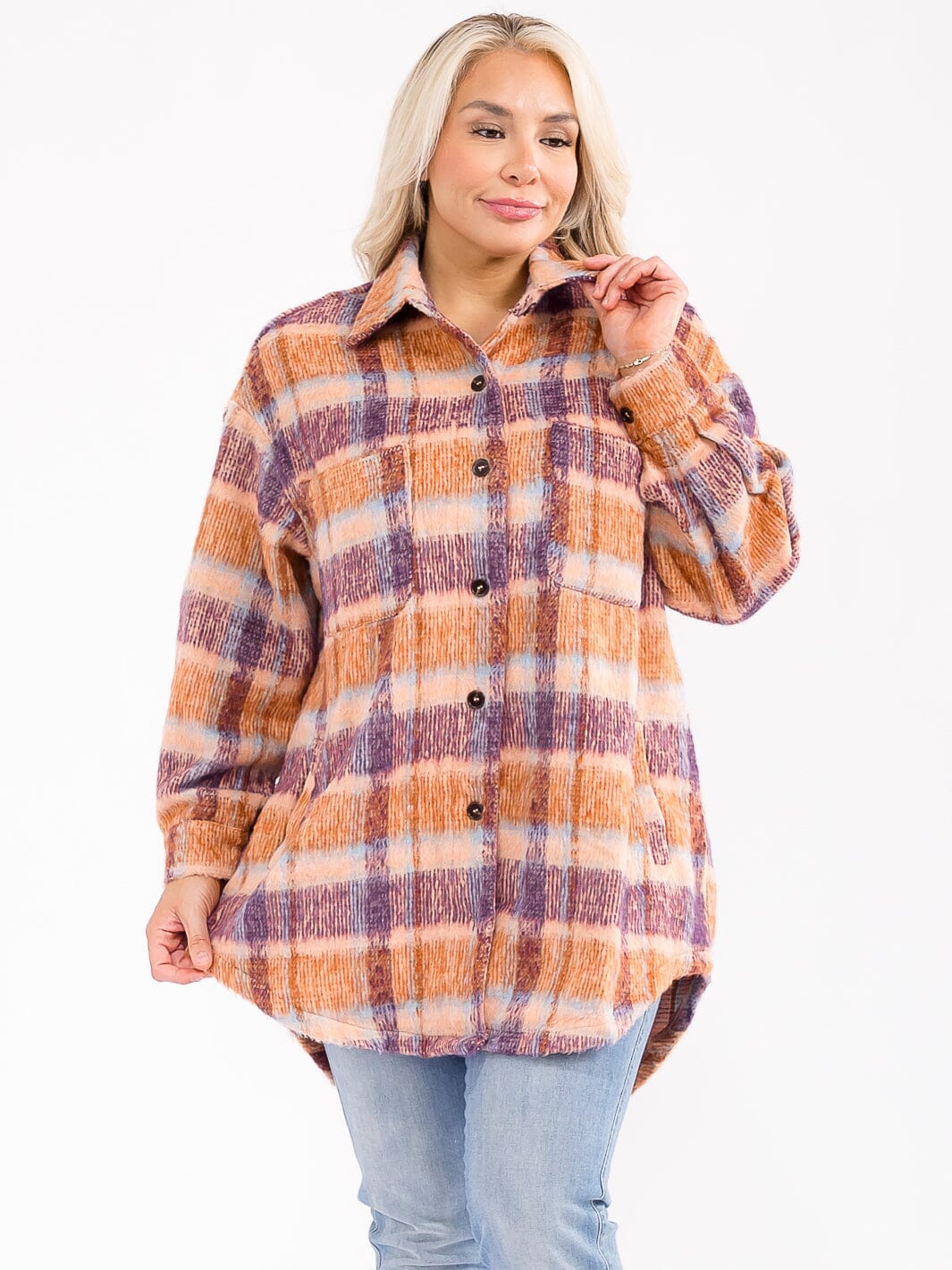PLUS SIZE LONG SLEEVE BUTTON UP FRONT POCKETS PLAID JACKET