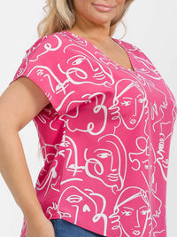 PLUS SIZE SHORT SLEEVE V-NECK GRAPHIC HIGH-LOW BLOUSE
