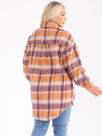 PLUS SIZE LONG SLEEVE BUTTON UP FRONT POCKETS PLAID JACKET