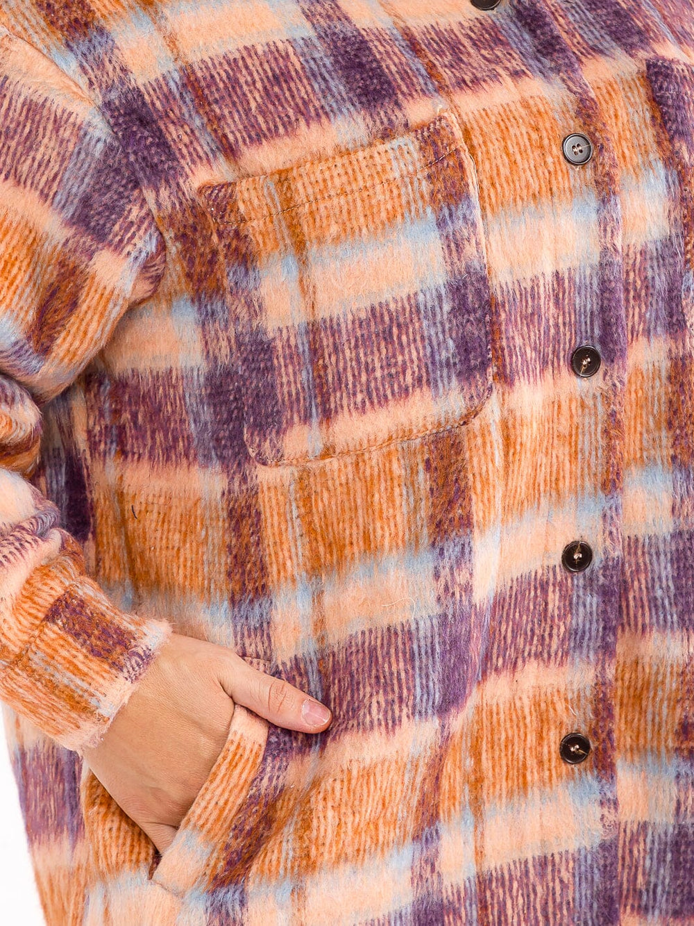 PLUS SIZE LONG SLEEVE BUTTON UP FRONT POCKETS PLAID JACKET