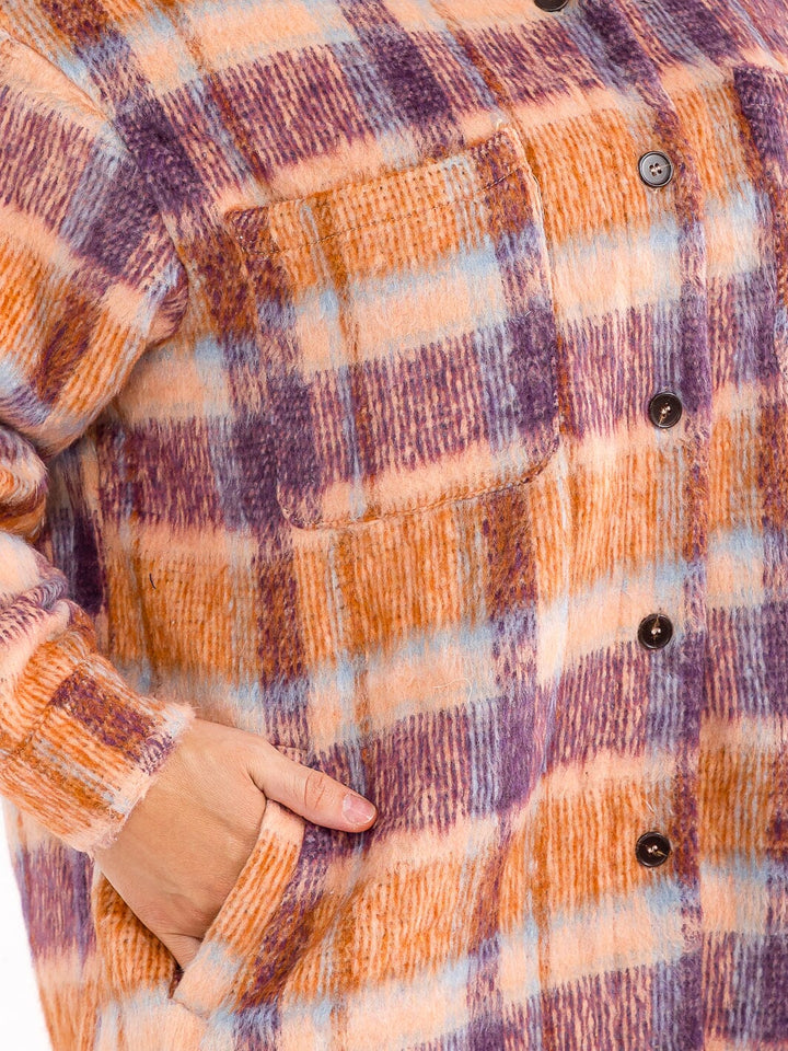 PLUS SIZE LONG SLEEVE BUTTON UP FRONT POCKETS PLAID JACKET