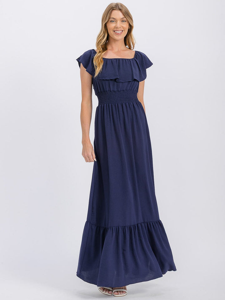 WOMEN'S SHORT SLEEVE ELASTIC WAIST FRONT POCKETS MAXI DRESS (Copy)