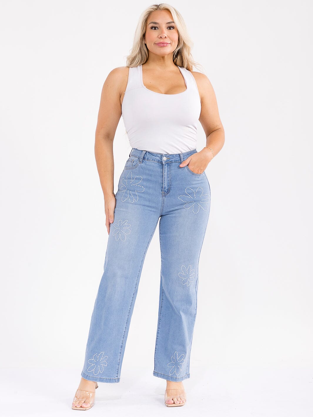 PLUS SIZE BUTTON CLOSURE POCKETS STRETCH DENIM STUDS DETAILED WIDE LEG PANTS