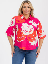 PLUS SIZE SHORT SLEEVE BUTTON UP GRAPHIC HIGH-LOW BLOUSE