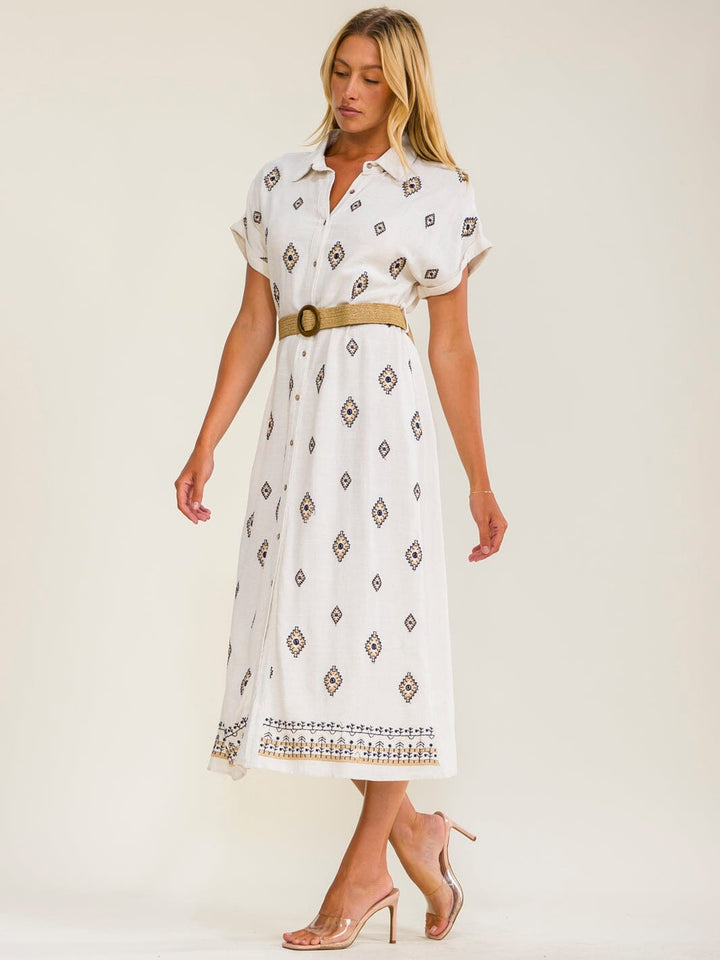 WOMEN'S SHORT SLEEVES BUTTON UP BELTED STITCHED DETAILED LINEN MIDI DRESS