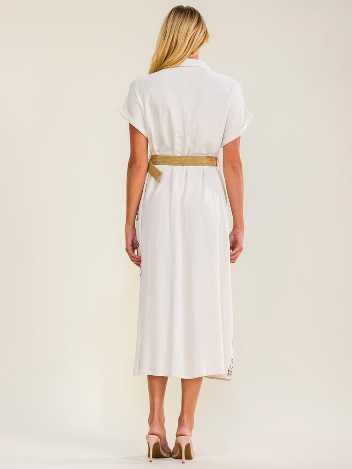 WOMEN'S SHORT SLEEVES BUTTON UP BELTED STITCHED DETAILED LINEN MIDI DRESS