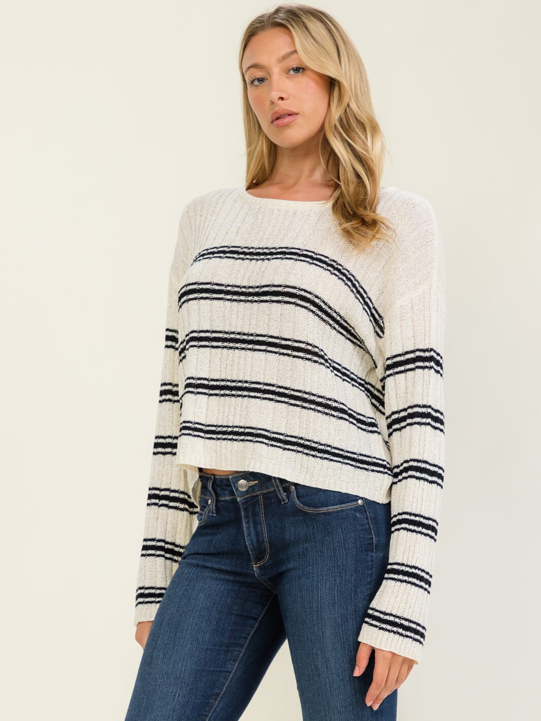 WOMEN'S LONG SLEEVE COLORBLOCK STRIPES KNITTED TOP