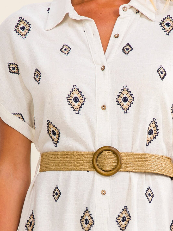 WOMEN'S SHORT SLEEVES BUTTON UP BELTED STITCHED DETAILED LINEN MIDI DRESS
