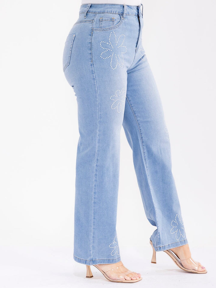 PLUS SIZE BUTTON CLOSURE POCKETS STRETCH DENIM STUDS DETAILED WIDE LEG PANTS
