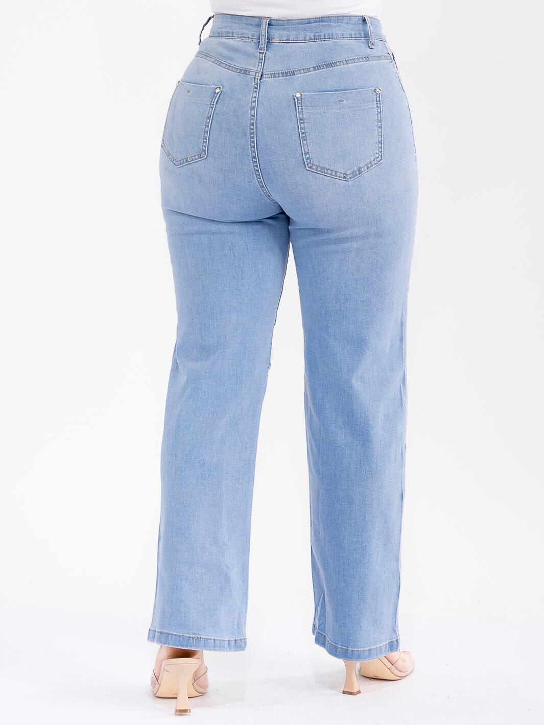 PLUS SIZE BUTTON CLOSURE POCKETS STRETCH DENIM STUDS DETAILED WIDE LEG PANTS