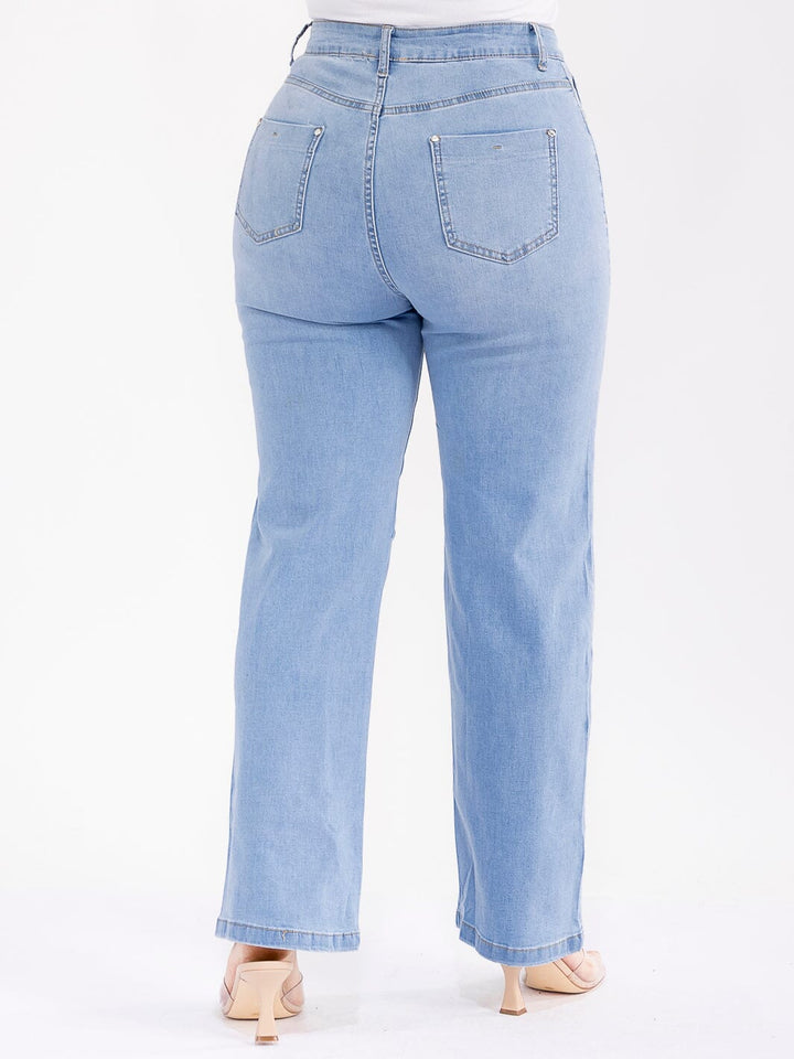 PLUS SIZE BUTTON CLOSURE POCKETS STRETCH DENIM STUDS DETAILED WIDE LEG PANTS