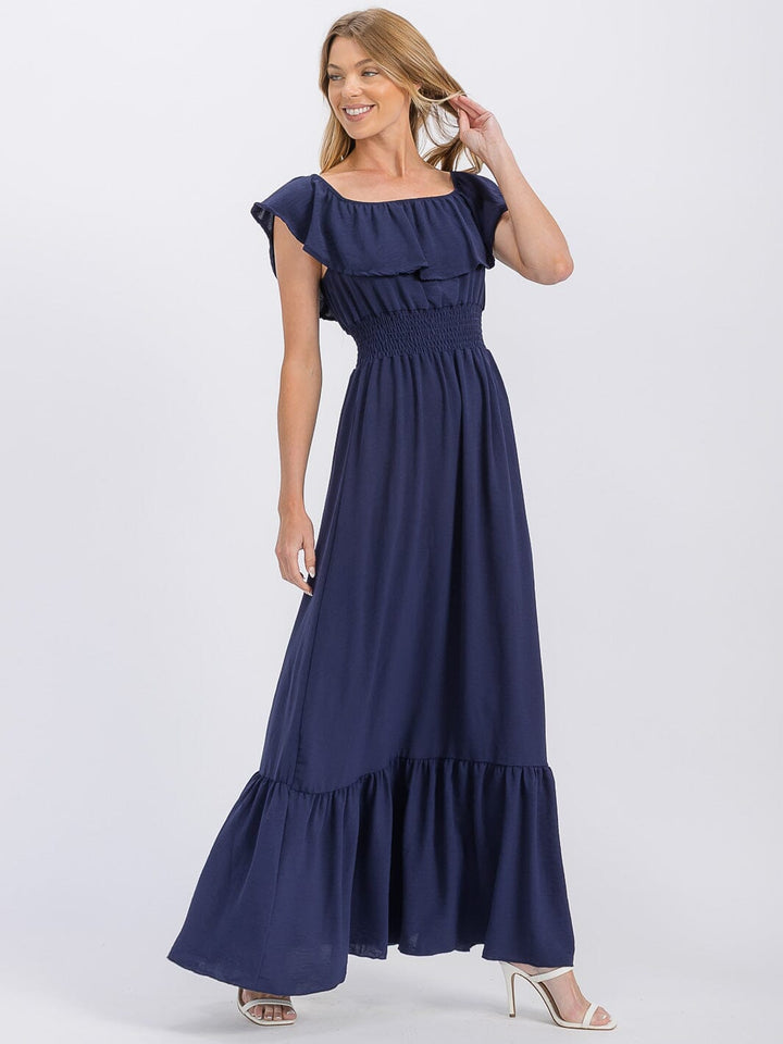 WOMEN'S SHORT SLEEVE ELASTIC WAIST FRONT POCKETS MAXI DRESS (Copy)